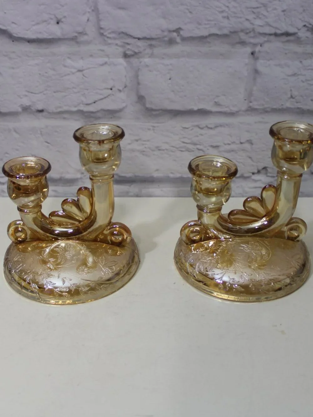 Vintage 1950's Floragold Double Candlesticks Set of 2 Jeannette Glass